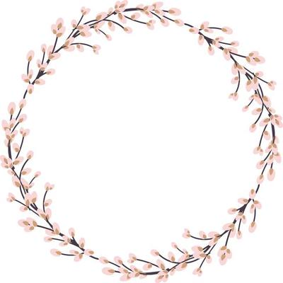 Willow wreath. Round frame made of willow twigs. Easter wreath made of willow stalks.Vector flat illustration isolated on a white background