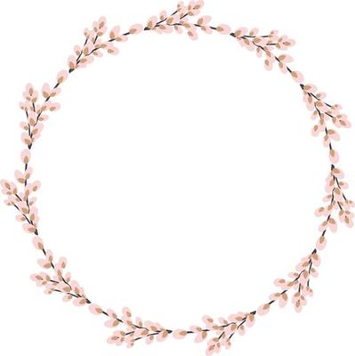 Willow wreath. Round frame made of willow twigs. Easter wreath made of willow stalks.Vector flat illustration isolated on a white background