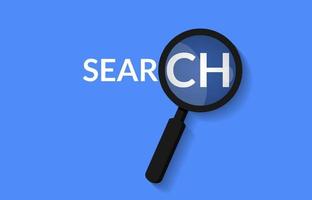 Magnifier and search word concept isolated with blue background vector illustration.