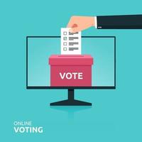 Online voting concept with man putting voting paper into ballot box on computer screen vector illustration.