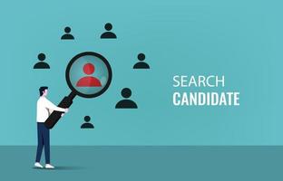 Searching candidate concept with businessman holding magnifier symbol vector illustration.