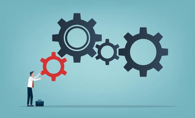 Businessman rolling a small red gear to large gears symbol. Business concept and  increase of efficiency and productivity illustration.
