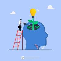 WebTiny businessman watering idea light bulb from big human head illustration. Business idea concept vector