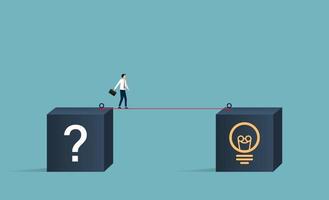 Businessman walking on tightrope from box with question mark to box with bulb mark symbol.  Finding solution for success illustration. vector