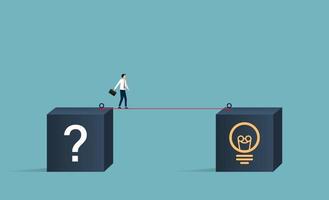 Businessman walking on tightrope from box with question mark to box with bulb mark symbol.  Finding solution for success illustration. vector