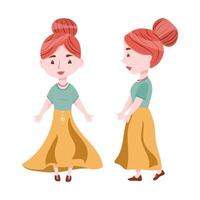 A young woman stands facing forward and sideways. positive female character in cartoon style. Collection of vector illustrations isolated on white background