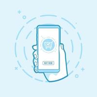 Online shopping concept. Hand holding smartphone icon in line style. vector