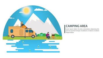Sunny day landscape illustration in flat style car house on wheels campfire mountains forest and water people on vacation Background for summer camp nature tourism camping or Hiking concept design