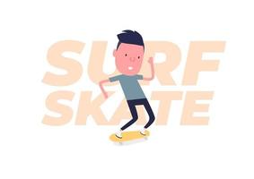 Young man go surfing with skateboard or surf skate. Funny cartoon character. vector