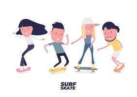 Skateboarder set. Young Boy and girl surf on skateboard or surf skate. People on skates. Funny cartoon character. vector