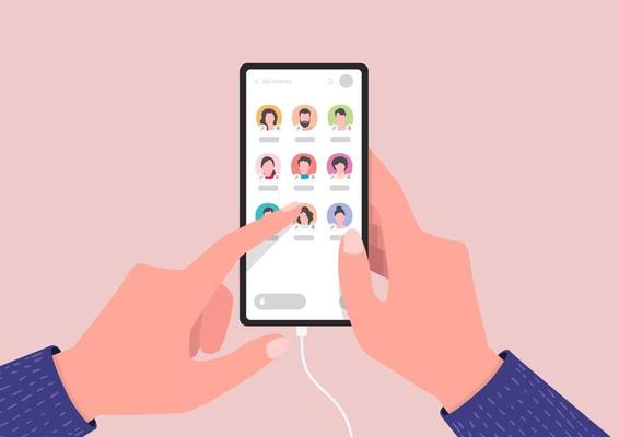 Smartphone screen with audio chat conversation. Hand holding mobile phone with audio chat social network application. Clubhouse app.