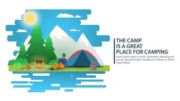 Sunny day landscape illustration in flat style cartoon a man sitting next to a tent campfire mountains forest Background for summer camp nature tourism camping or Hiking concept design vector