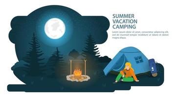 Banner para el diseño del campamento de verano en un claro del bosque hay una carpa turística junto a una persona sentada y descansando sobre el fondo de la ilustración plana del vector del cielo de la luna nocturna