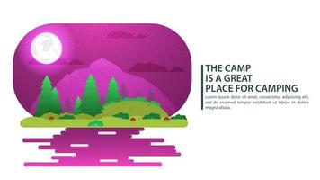 Fondo de paisaje de luna nocturna para campamento de verano, turismo de naturaleza, camping o senderismo, concepto de diseño web, montañas, bosque, agujas y hojas, naturaleza, ilustración vectorial plana vector