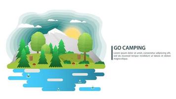 Fondo de paisaje de día soleado para campamento de verano, turismo de naturaleza, camping o senderismo, concepto de diseño web, montañas, bosque, agujas y hojas, naturaleza, ilustración vectorial plana vector