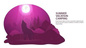 Banner for the design of summer camping wolf at night in a forest clearing howls at the moon against the background of mountains and forests vector flat illustration