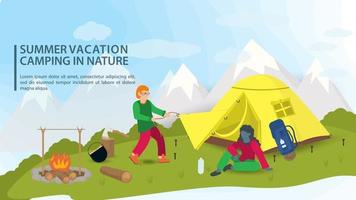 Banner para el diseño de un campamento de verano en la naturaleza, una niña se sienta cerca de una carpa turística que un chico instala en el contexto de las montañas ilustración vectorial plana vector