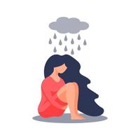 Sad lonely woman in depression. Young unhappy girl sitting and hugging her knees. Depressed teenager. Stress and emotion concept. Vector illustration in flat cartoon style.
