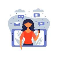 Woman holding smartphone and chatting in messenger or social network. Internet communication, online instant messaging or information exchange. Vector illustration in flat cartoon style.