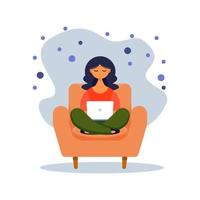 Woman with laptop sitting on the chair. Concept illustration for freelancing, studying, online education,online shopping, working from home. Vector illustration in flat cartoon style.