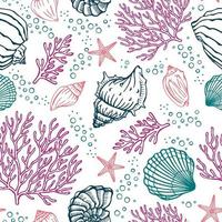 Seamless pattern with seashells, corals and starfishes. Marine background.  Perfect for greetings, invitations, manufacture wrapping paper, textile and web design. vector