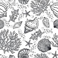 Seamless pattern with seashells, corals and starfishes. Marine background.  Perfect for greetings, invitations, manufacture wrapping paper, textile and web design. vector