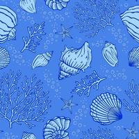 Seamless pattern with seashells, corals and starfishes. Marine background.  Perfect for greetings, invitations, manufacture wrapping paper, textile and web design. vector