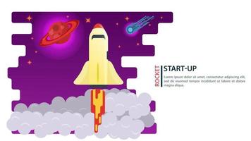 banner space rocket Shuttle flying above the clouds to the stars and planets startup concept for web and mobile sites design flat vector illustration