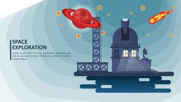 banner radiotelescopio observatorio observa un planeta con anillos y un cometa para sitios web y móviles, diseño de ilustración vectorial plana vector