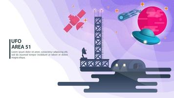 banner blue UFO flying saucer on the background of a pink planet hanging over the hangar concept for web and mobile sites design flat vector illustration