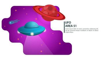 banner UFO flying saucer makes a flight in space for web and mobile sites design flat vector illustration