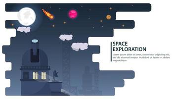 banner space Observatory telescope observes planets and stars for web and mobile sites design flat vector illustration