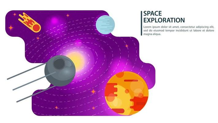 banner artificial satellite ship flying in space for web and mobile sites design flat vector illustration