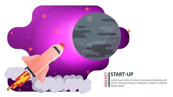 banner space Shuttle ship flying in space to a large gray planet for web and mobile sites design flat vector illustration