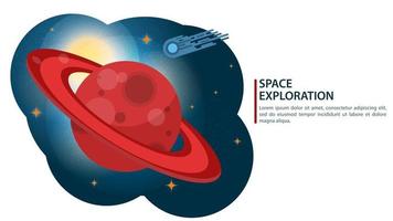 Big red planet with rings of Saturn in space, the concept of flat design vector illustration