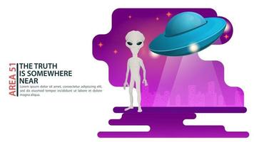 An alien stands in the background of the city next to a UFO flying saucer design concept flat vector illustration