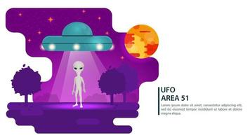 UFO flying saucer picks up an alien from the earth with a ray of light design concept flat vector illustration