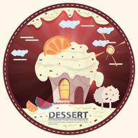 cake cupcake in the form of a house light in the window on the roof is a citrus with the inscription dessert round sticker flat design vector