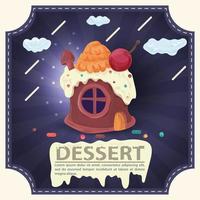 Cupcake house with round window with icing with the word dessert square sticker flat design vector