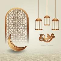 diseño de caligrafía islámica ramadan kareem con lujosa luna creciente, linterna islámica y patrón de mezquita sobre fondo islámico. vector