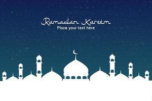 Ramadan kareem islamic greeting background design with blue sky and white silhouette mosque and arabic calligraphy vector