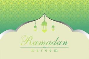 Ramadan kareem islamic greeting background design with mosque, lantern and arabic calligraphy pattern vector