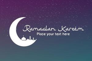 Ramadan kareem islamic greeting background design with silhouette crescent moon and mosque arabic calligraphy vector