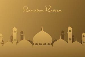 Ramadan kareem islamic greeting background design with silhouette mosque and arabic calligraphy in gold color style vector