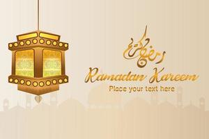 Ramadan kareem islamic greeting background design with lantern and arabic calligraphy vector