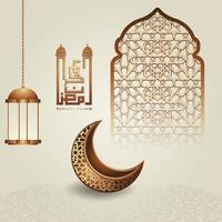 Islamic Ramadan Kareem Calligraphy Design with luxurious crescent moon, Islamic lantern and mosque pattern on Islamic background. vector