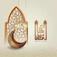 diseño de caligrafía islámica ramadan kareem con lujosa luna creciente, linterna islámica y patrón de mezquita sobre fondo islámico. vector