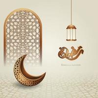 diseño de caligrafía islámica ramadan kareem con lujosa luna creciente, linterna islámica y patrón de mezquita sobre fondo islámico. vector