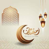 Islamic Ramadan Kareem Calligraphy Design with luxurious crescent moon, Islamic lantern and mosque pattern on Islamic background. vector