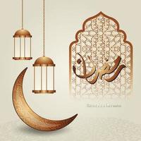 diseño de caligrafía islámica ramadan kareem con lujosa luna creciente, linterna islámica y patrón de mezquita sobre fondo islámico. vector